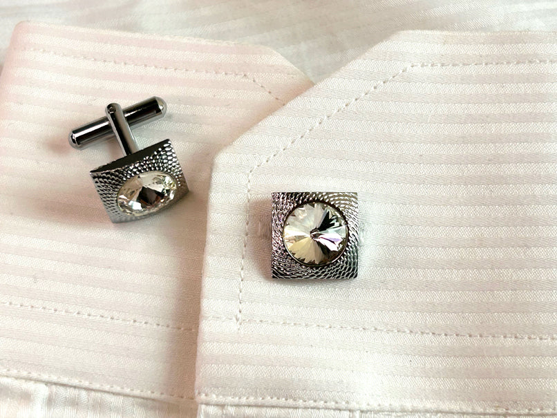 Men's Round Crystal Textured Cufflinks