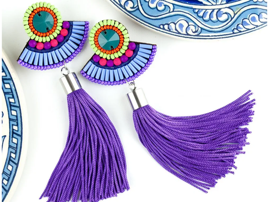Purple Bead Tassels Earrings